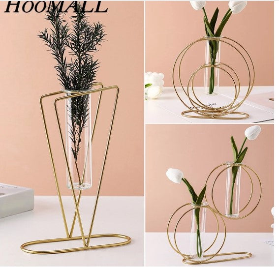 Geometric Iron Art Hydroponic Glass Vase – Modern Table Flower Stand Homedecoro